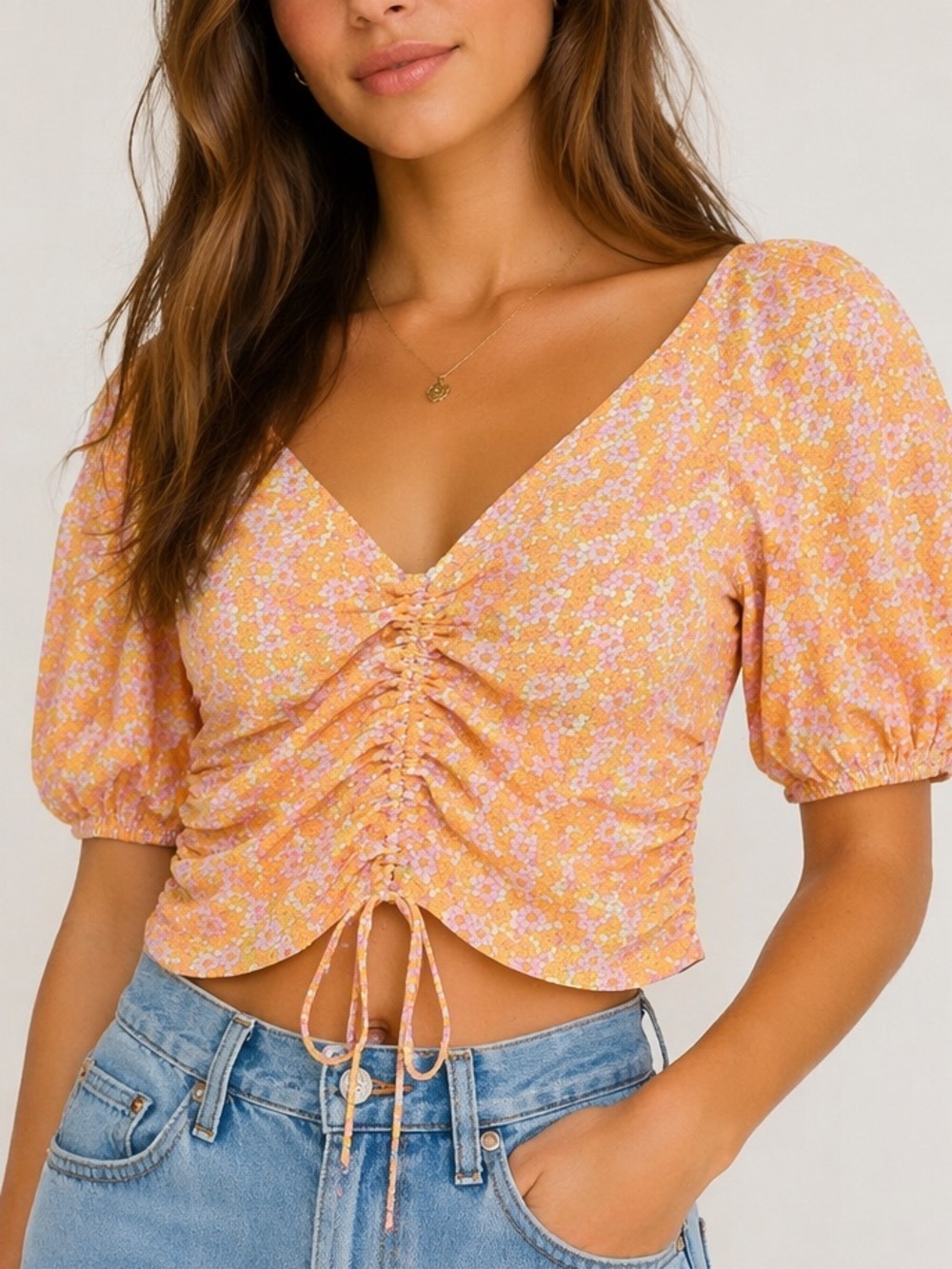 H&M Floral Ruched Tie-Front Top - Peach Pink